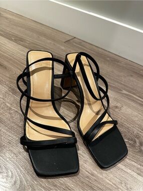 H&M Black Strappy Square-Toe Block Heel Sandals